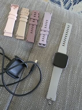 Fitbit Versa 2-Style Silver Smartwatch with Interchangeable Pink & Purple Bands